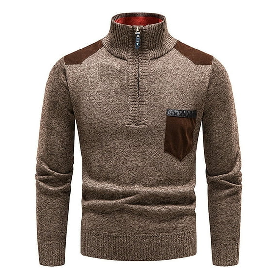 IROINNID Zipper Sweater for Men Casual And Winter Half Zip Pocket Time Solid Color Splicing Sweater Coat,Coffee