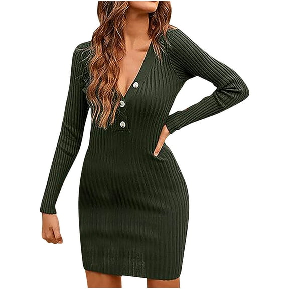 IROINNID Cocktail Dress for Women Wedding Guests Dresses for Women Knit Long Sleeve V-Neck Pack Hip Button Dress ,Olive Green