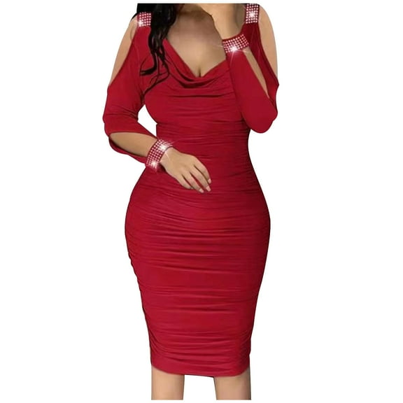 IROINNID Cocktail Dress for Women Wedding Guests Dresses for Women Long Sleeve Dress V-Neck Pleated Skirt Wrapped Hip Off Shoulder Dress ,Red