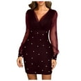 thumbnail image 1 of IROINNID Cocktail Dress for Women Wedding Guests Dresses for Women Sexy Buttocks V-Neck Solid Slimming Long Sleeve Dress Discount,Burgundy, 1 of 6