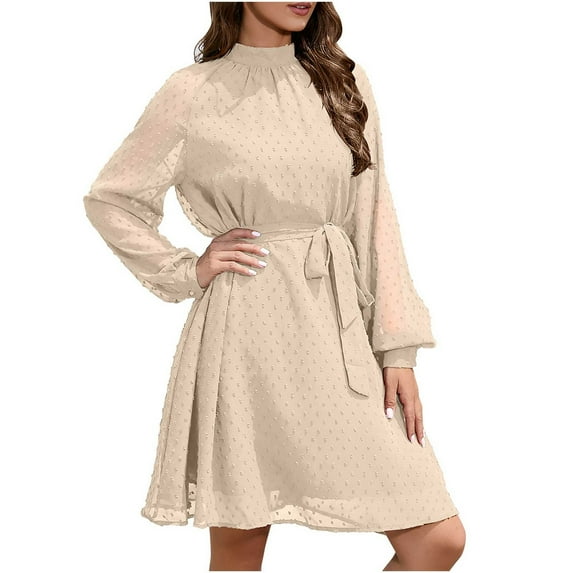 IROINNID Cocktail Dress for Women Wedding Guests Dresses for Women Slim Waist Dress Long Sleeve Solid Color Dress Discount,Beige