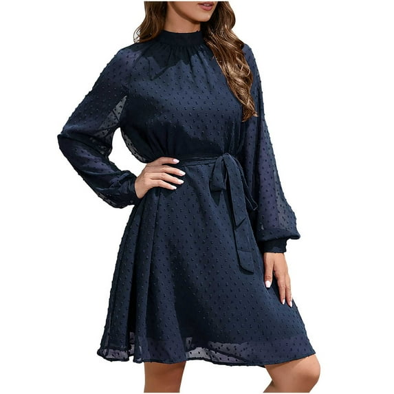 IROINNID Cocktail Dress for Women Wedding Guests Dresses for Women Slim Waist Dress Long Sleeve Solid Color Dress Discount,Navy