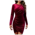 thumbnail image 1 of IROINNID Cocktail Dress for Women Wedding Guests Dresses for Women Solid Tight Hip Wrap Long Sleeve Round-Neck Dresses Reduced,Burgundy, 1 of 8