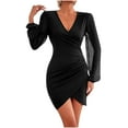 thumbnail image 1 of IROINNID Cocktail Dress for Women Wedding Guests Dresses for Women Summer Solid Long Sleeve V-Neck Tight Party Club Dress Reduced,Black, 1 of 5
