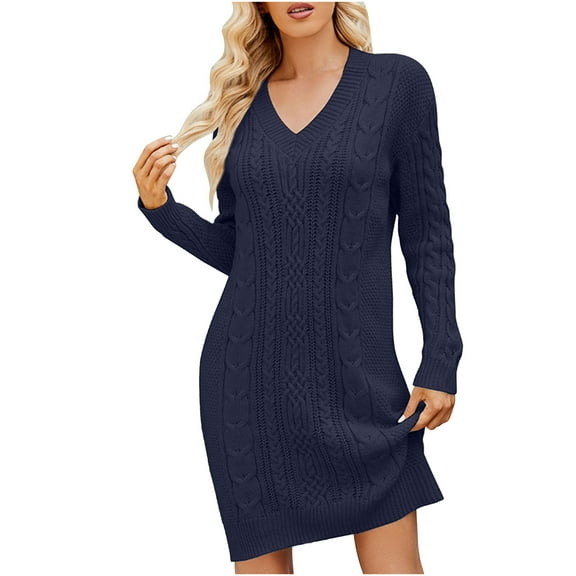 IROINNID Cocktail Dress for Women Wedding Guests Dresses for Women Twisted Flower Bottom V-Neck Long Knitted Dress ,Navy