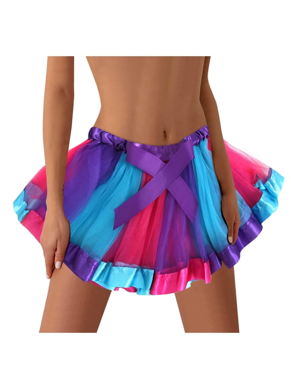 Comfort Waist Mini Skirts For Women Rainbow 3 Layered Adult Tutu Dancing Tutu Skirt Print Skirt