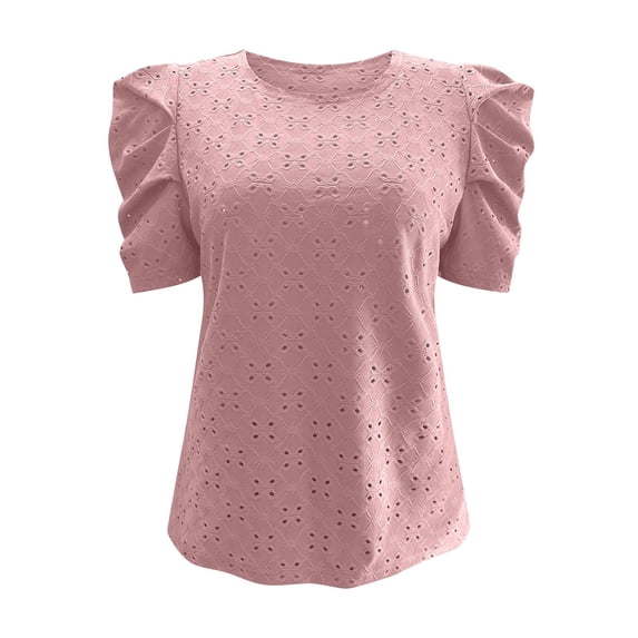 IROINNID Cozy Tops For Women Elegant Fashion Plaid Round-Neck Solid Color Puff Short Sleeve Tops