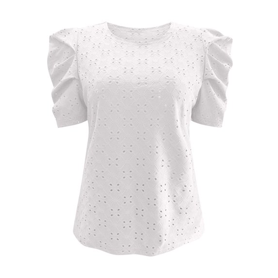 IROINNID Cozy Tops For Women Elegant Fashion Plaid Round-Neck Solid Color Puff Short Sleeve Tops On Sale