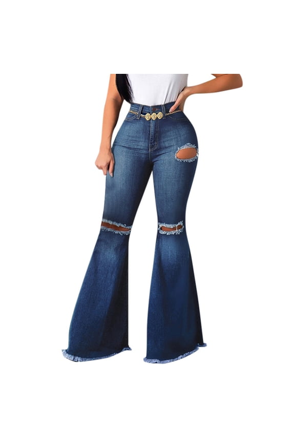 Curvy Pants For Women Elastic Waist Hole Button Zipper Pocket Casual Denim Flares Wide Leg Slim Pants Solid Color Jean