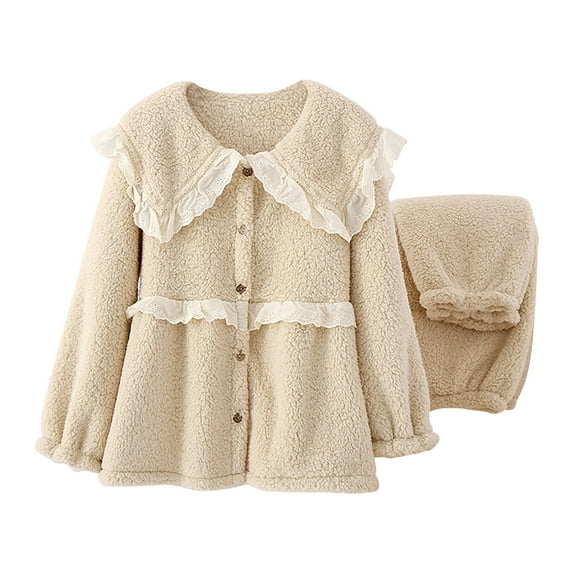 IROINNID Cute Pajamas for Women Winter Thermal Tops Nightwear with Loose Pants 2PC Fleece Pajamas Sets,Beige
