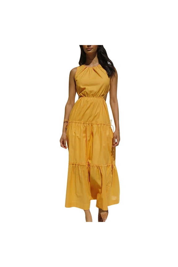 Cutout Dress For Women Sleeveless Round Neckline Bohemian Elasty Ankle-Length Dress Strapless Dress