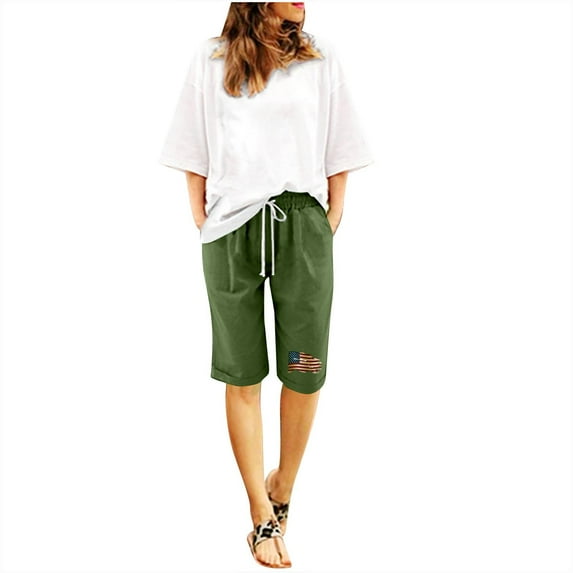 IROINNID Deals Bermuda Shorts for Women Summer Printed Five Points Large Size Cotton Linen Pants Pants Shorts,Olive Green