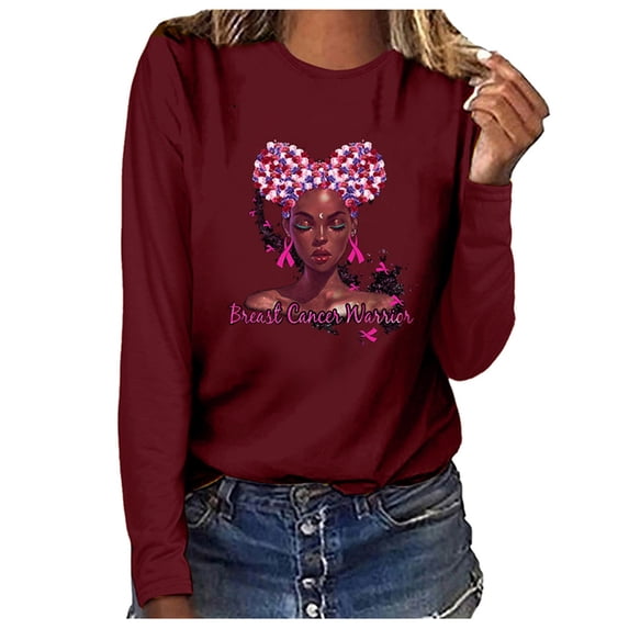 IROINNID Deals Breast Cancer Pullover for Women Breast Cancer Awareness Casual Top Long Sleeve Sweatshirt Pullover Blouse,Red
