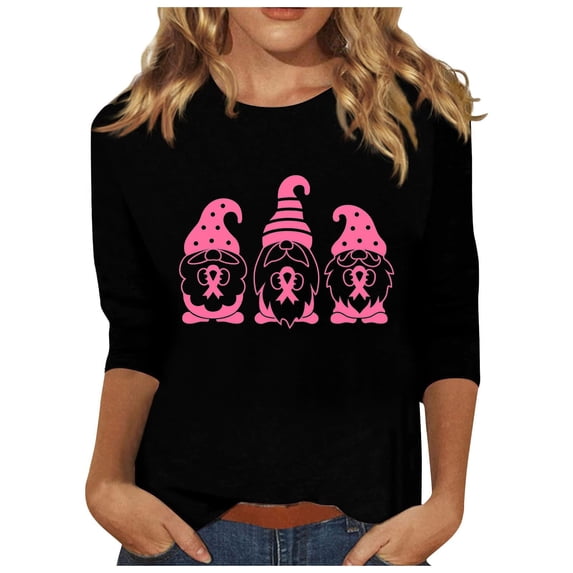 IROINNID Deals Breast Cancer Pullover for Women Breast Cancer Awareness Comfy Printed Loose T-shirt 3/4 Sleeves Blouse Round Neck Tops,Black