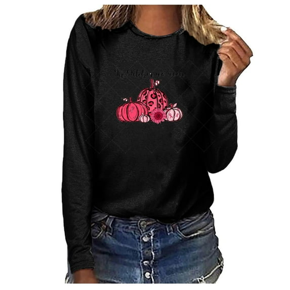 IROINNID Deals Breast Cancer Pullover for Women Breast Cancer Awareness Loose O-Neck Printing Loose Long Sleeve Tops,Black