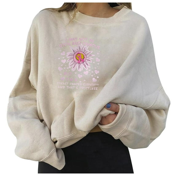 IROINNID Deals Breast Cancer Sweatshirt for Women Breast Cancer Awareness Comfy Long Sleeve Printed Ladies Tops,White