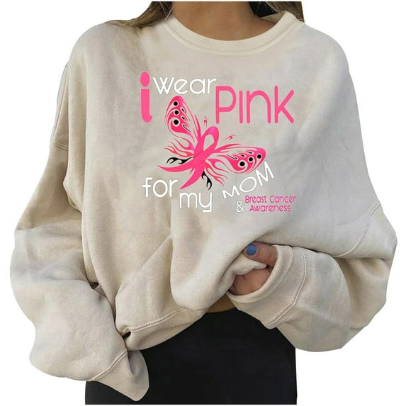 IROINNID Deals Breast Cancer Sweatshirt for Women Breast Cancer Awareness Loose Long Sleeve Printed Ladies Short Sweatshirts Tops,Beige