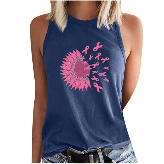 IROINNID Deals Breast Cancer Tank for Women Breast Cancer Awareness Casual Sleeveless Printed Ladies Round Neck Blouses Tops T-Shirt,Navy