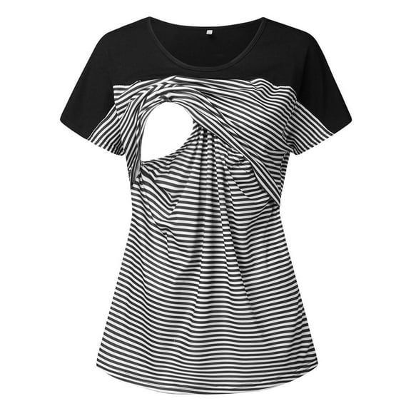 IROINNID Breast Feeding Top for Women Pregnant Nursing Stripe Round Neck Short Sleeve Breastfeeding Blouse