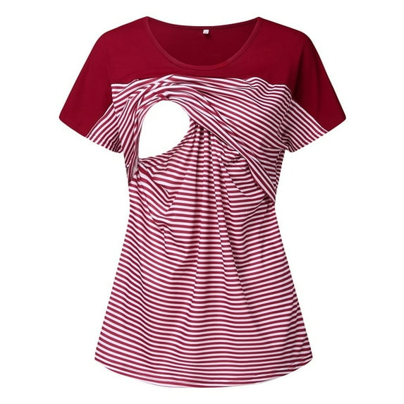 IROINNID Breast Feeding Top for Women Pregnant Nursing Stripe Round Neck Short Sleeve Breastfeeding Blouse,Red
