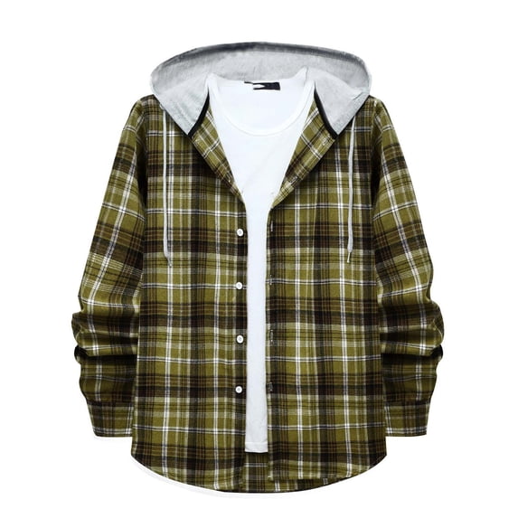 IROINNID Deals Button Down Shirts for Men Autumn And Winter Long Sleeve Solid Color Shirt Top Plaid Hooded Shirt,Green
