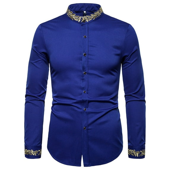 IROINNID Deals Button Up Shirts for Men Buttons Stand-up Collar Embroidered Long Sleeve Blouse Shirt,Blue