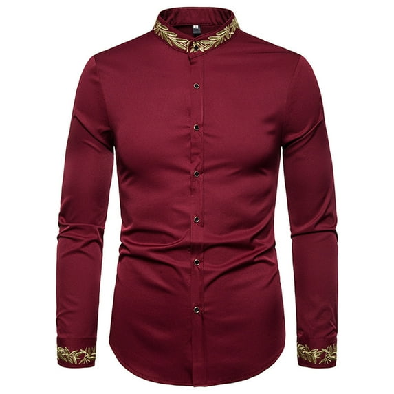 IROINNID Deals Button Up Shirts for Men Buttons Stand-up Collar Embroidered Long Sleeve Blouse Shirt,Burgundy