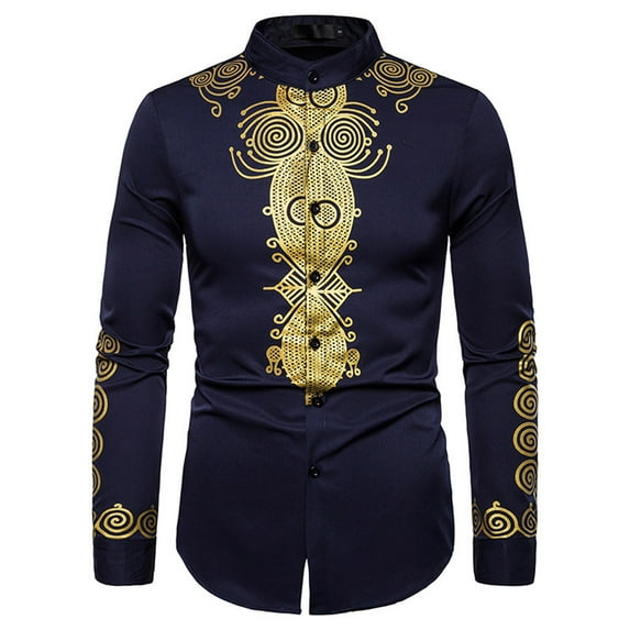 IROINNID Deals Button Up Shirts for Men Totem Print Shirt African Style Long-sleeved Stand-up Collar Shirt Blouse,Navy