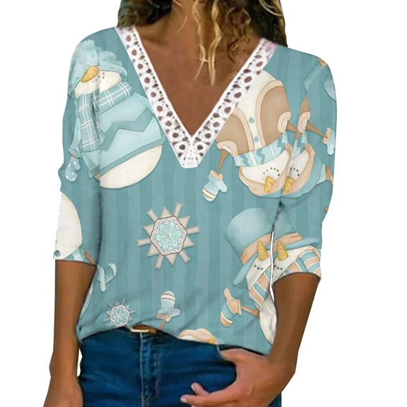 IROINNID Christmas Shirts for Women Home V Neck Summer Gradient Print Regular Long Sleeve Top,Mint Green