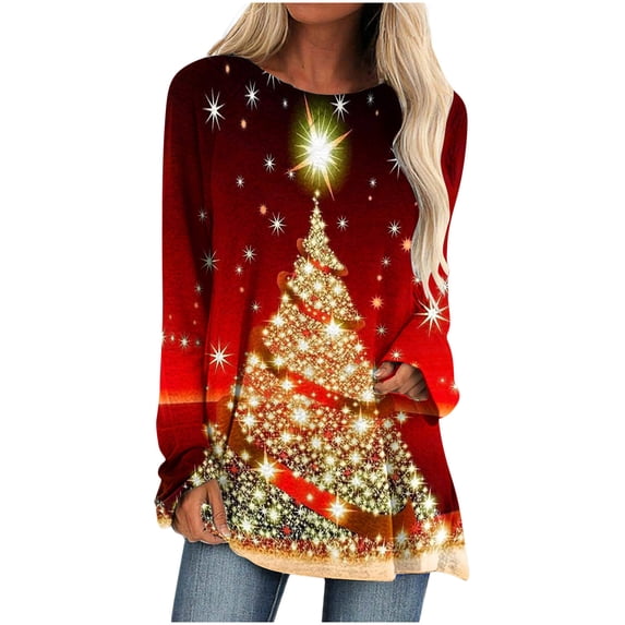 IROINNID Deals Christmas Tunic Tops for Women Long Sleeves Floral Lounge Shirts Solid Pullover Loose Tunic Tops Tree Print Round Neck Long Sleeve Blouse,Wine