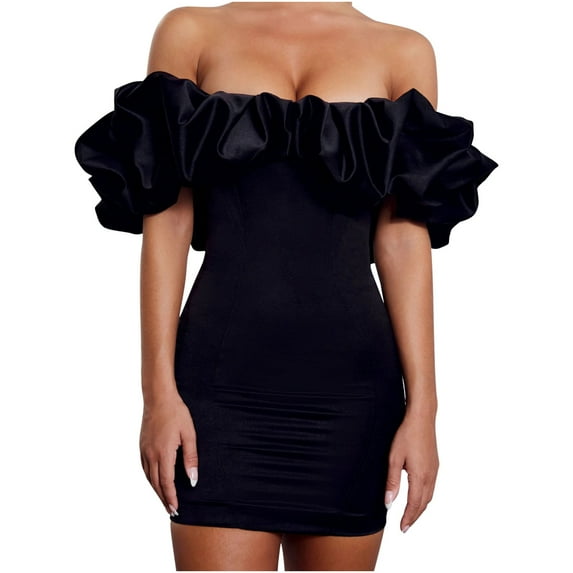 IROINNID Deals Cocktail Dress for Women Wedding Guest Solid Color Sexy Off Shoulder Wrap Hip Dress Cocktail Dress,Black