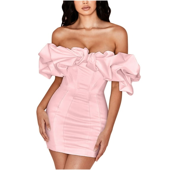 IROINNID Deals Cocktail Dress for Women Wedding Guest Solid Color Sexy Off Shoulder Wrap Hip Dress Cocktail Dress,Pink
