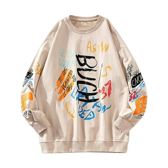 IROINNID Deals Crew Neck Pullover Sweatshirts Casual Winter Sweaters Trendy Long-sleeved Graphic Print Tops Graffiti Plus Size Sweaters,Khaki
