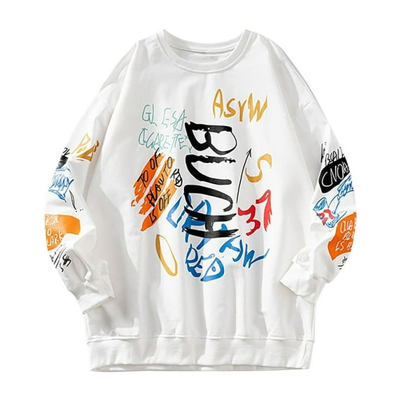 IROINNID Deals Crew Neck Pullover Sweatshirts Casual Winter Sweaters Trendy Long-sleeved Graphic Print Tops Graffiti Plus Size Sweaters,White