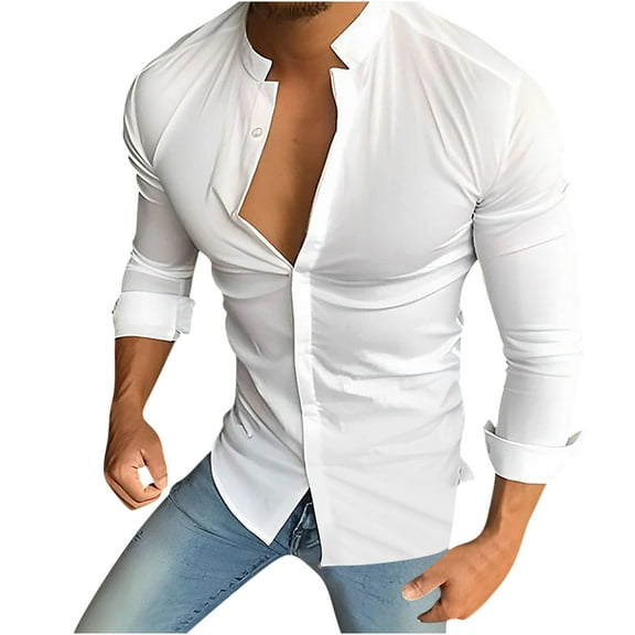 IROINNID Dress Shirts for Men Long Sleeve Formal Solid Color Print Shirt Top Turndown Collar Blouse & Shirt,White