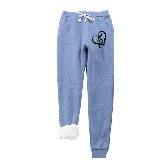 IROINNID Fleece Sweatpants for Women Casual Jogger Love Printing Leggings Drawstring Waist Thick Warm Elastic Pants with Pockets,Blue