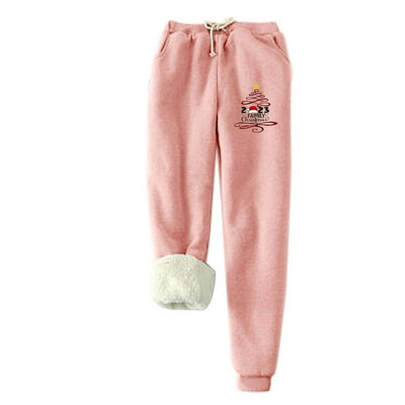IROINNID Deals Fleece Sweatpants for Women Christmas Printed Winter Pants Lamb Fleece Elastic Thickened Plush Warm Sweatpants,Pink