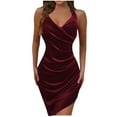 thumbnail image 1 of IROINNID Deals Formal Dress for Women Wedding Guest Evening Night Party Dress Elegant High Fork Irregular Halter Sleeveless V-Neck Knee-High Dress,Burgundy, 1 of 6