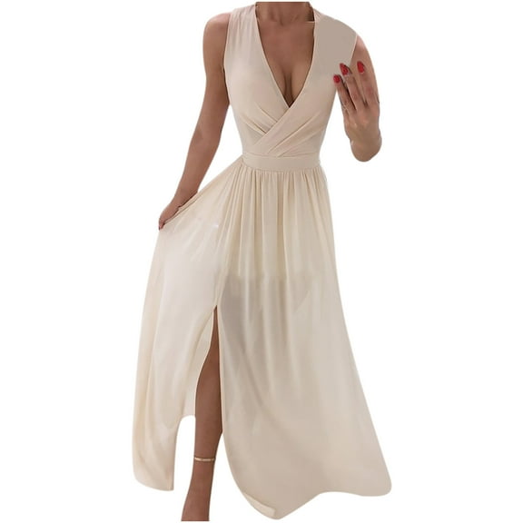 IROINNID Formal Dress for Women Wedding Guest Evening Night Party Dress Elegant England Loose Sleeveless Solid V-Neck Floor-Length Dress,Khaki
