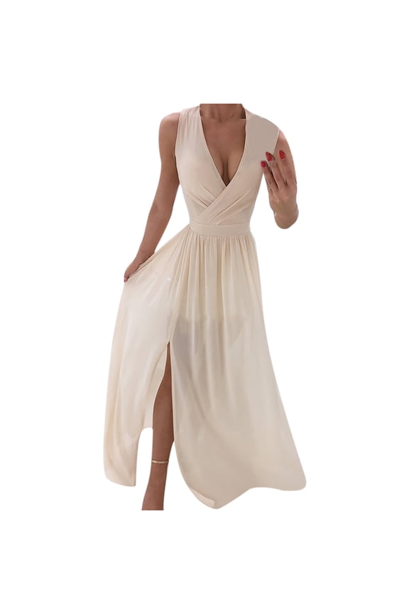 Formal Dress for Women Wedding Guest Evening Night Party Dress Elegant England Loose Sleeveless Solid V-Neck Floor-Length Dress,Khaki