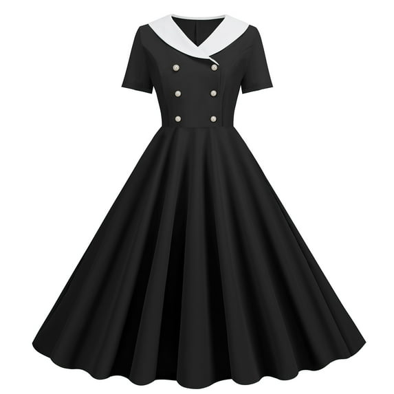 IROINNID Deals Formal Dress for Women Wedding Guest Evening Night Party Dress Trendy Solid Short Sleeve V-Neck Ladies Dress,Black