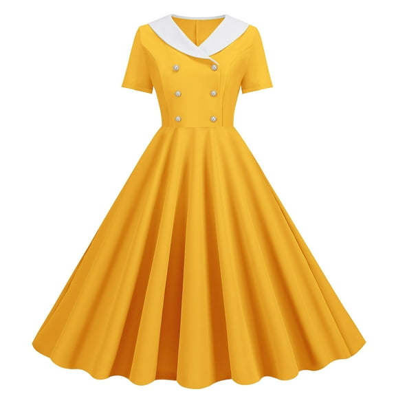 IROINNID Deals Formal Dress for Women Wedding Guest Evening Night Party Dress Trendy Solid Short Sleeve V-Neck Ladies Dress,Yellow