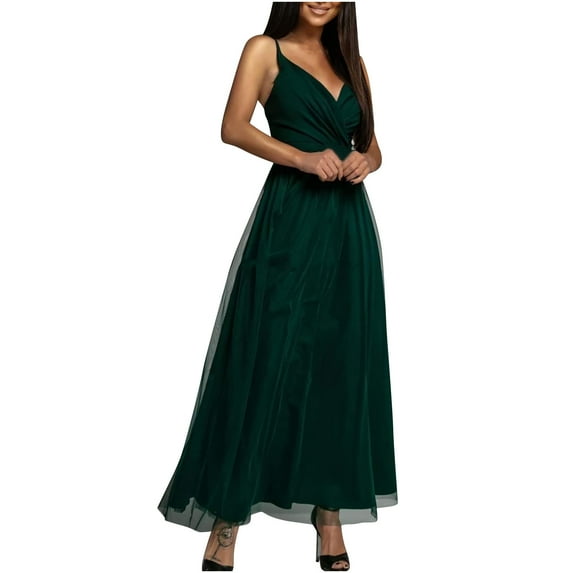 IROINNID Formal Dress for Women Wedding Guest Homecoming Party Trendy V Neck Solid Color Mesh Patchwork Sleeve Sling Dress,Green