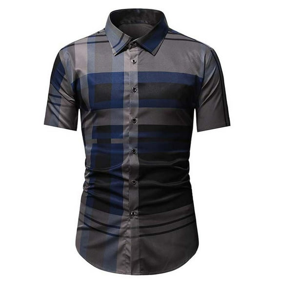 IROINNID Graphic Shirts for Men Buttons Turndown Single Breasted Lattice Shirt Short Sleeve Shirt,Navy