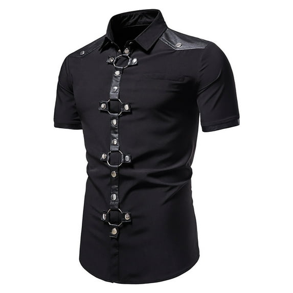 IROINNID Deals Graphic Shirts for Men Short-Sleeved Turn-Down Collar Solid Buttons Blouse Shirt Tops,Black
