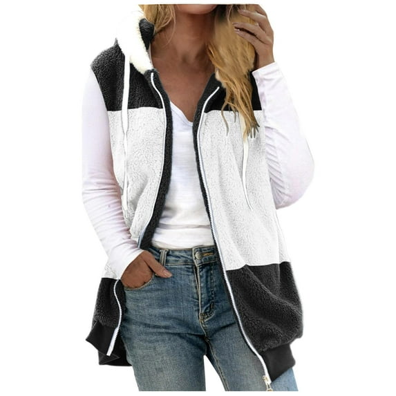 IROINNID Deals Hoodie Jacket for Women Winter Fall Warm Zipper Shearling Jacket Long Sleeve Casual Hooded Color Block Coat,Gray