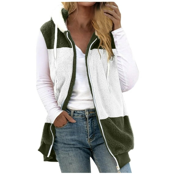 IROINNID Deals Hoodie Jacket for Women Winter Fall Warm Zipper Shearling Jacket Long Sleeve Casual Hooded Color Block Coat,Green