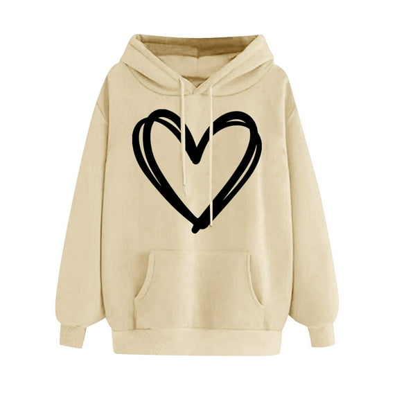 IROINNID Hoodie for Women Fall Comfortable Warm Pullover Heart Pattern Printed Hooded Drawstring Versatile Tops with Pocket,Beige
