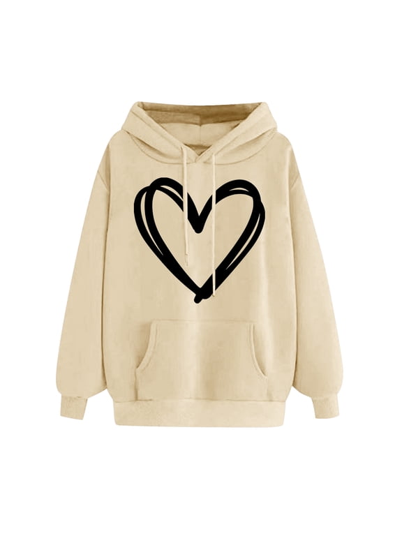 Hoodie for Women Fall Comfortable Warm Pullover Heart Pattern Printed Hooded Drawstring Versatile Tops with Pocket,Beige