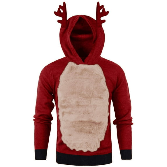 IROINNID Deals Hoodies for Men Comfy Velvet Christmas Antlers Hooded Color Block Sweater Jacket,Beige